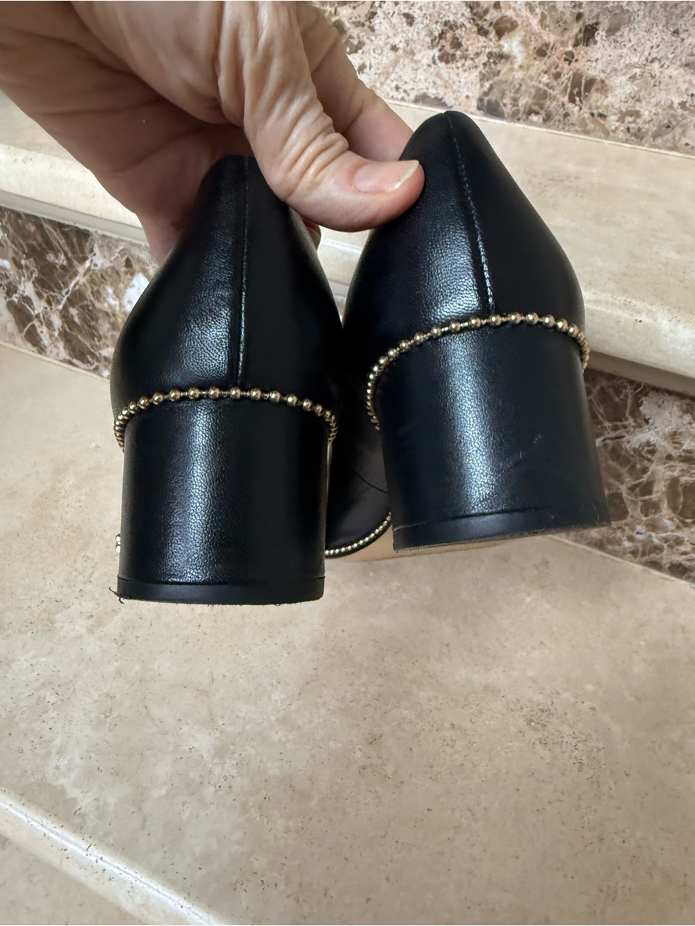 Coach Black Pointed Low Block Heel Pumps with Gold Stud Trim - Picture 8 of 16